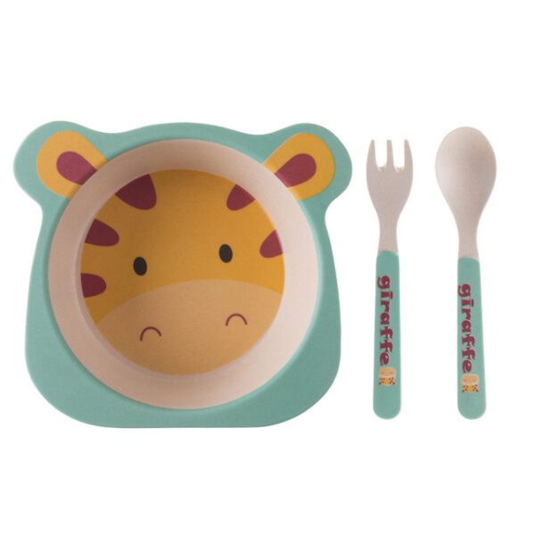 Plato con cubiertos tenedor y cuchara de fibra para niños en forma de jirafa