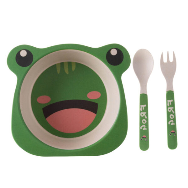 Plato con cubiertos tenedor y cuchara de fibra para niños en forma de rana
