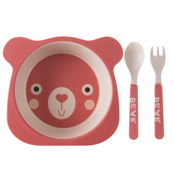 Plato con cubiertos tenedor y cuchara de fibra para niños en forma de oso rosa