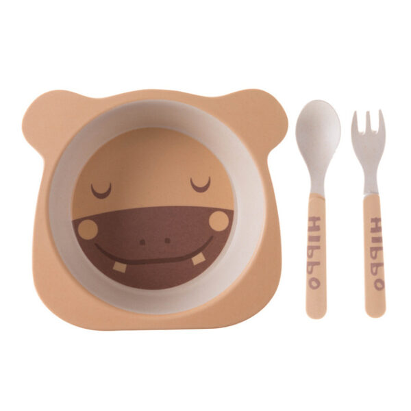 Plato con cubiertos tenedor y cuchara de fibra para niños en forma de hipopótamo