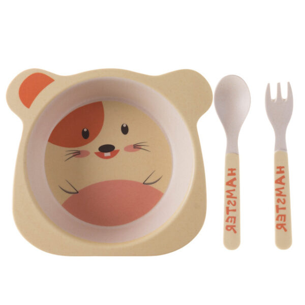 Plato con cubiertos tenedor y cuchara de fibra para niños en forma de hamster
