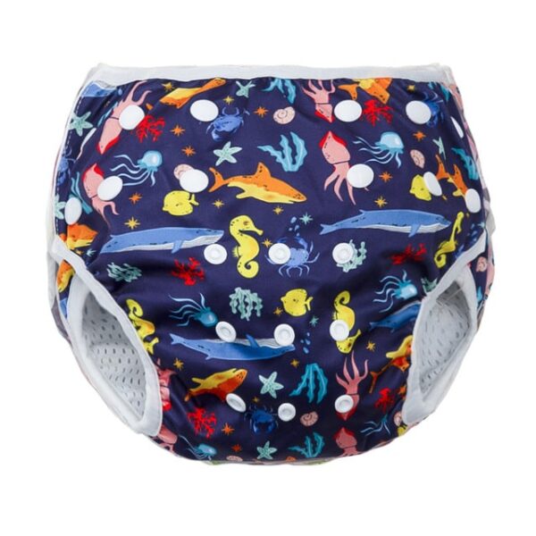 Pañal-Bañador pantalón reutilizable para bebe color azul con peces