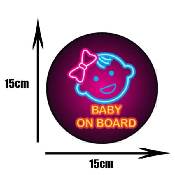 Pegatina circular morada baby on board niña con lacito y neon
