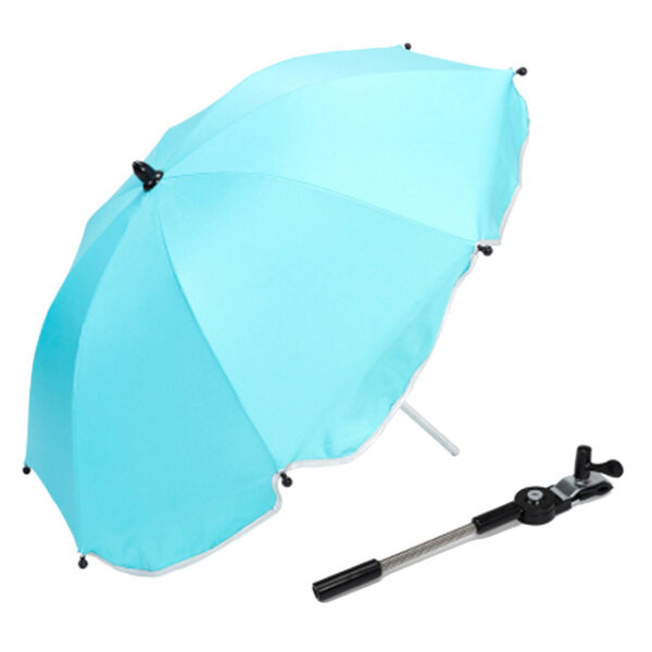Sombrilla plegable cochecito bebe color azul tuquesa con protección de lluvia y soporte para carrito