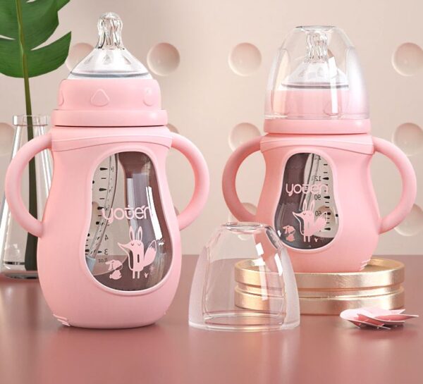 Biberón Bebe de plástico y cristal color rosa